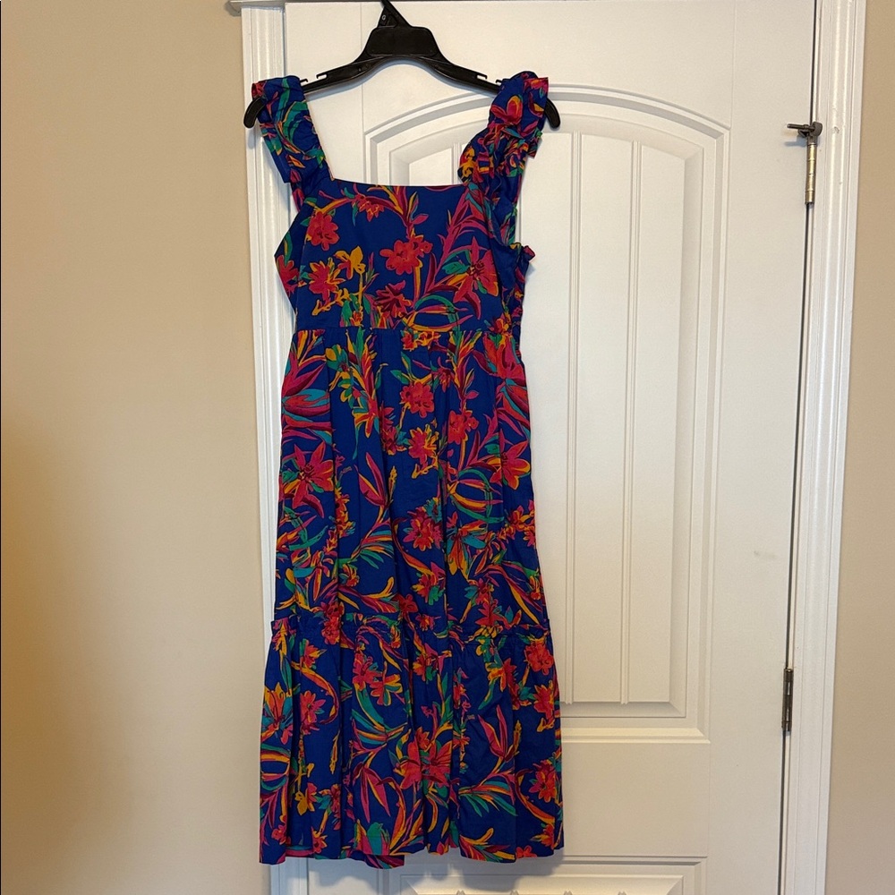 J. Crew Vibrant Blue Midi Dress with Red and Orange Floral